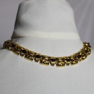 Metal Link Necklace Gold Tone Metal with Black Oval Glass /Stones, 17 Inches